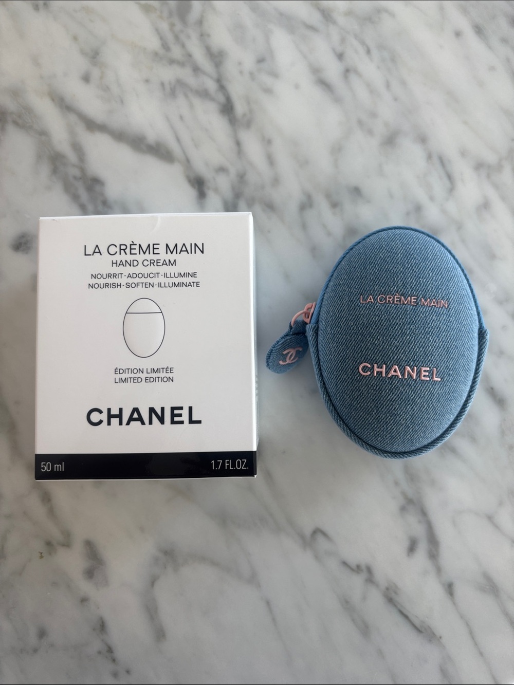 CHANEL La Crème Main Hand Cream with Denim Case in Blue and Pink
